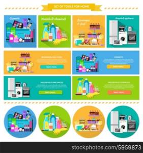 Household beverages food and cosmetic. Appliance and makeup fashion, lipstick and brush, powder and care, detergents and mascara, bottle product, drink and kitchen equipment illustration. Banners set