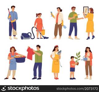 Household characters. Baby cleaning vacuum, mom dad washing clothes. People doing housework, woman with iron cleaner basket swanky vector set. Housekeeping and housework family together illustration. Household characters. Baby cleaning vacuum, mom dad washing clothes. People doing housework, woman with iron cleaner basket swanky vector set
