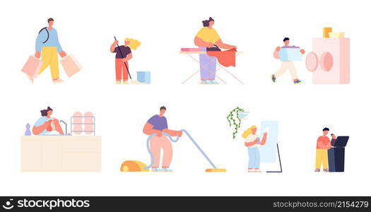 Household characters. Cleaning house, woman cleans dirty home. Family doing housework, adults and children with mop and bucket utter vector set. Illustration of household clean, people do housework. Household characters. Cleaning house, woman cleans dirty home. Family doing housework, adults and children with mop and bucket utter vector set