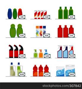 Household chemicals and cleaning supplies bottles vector flat icons. Household chemicals