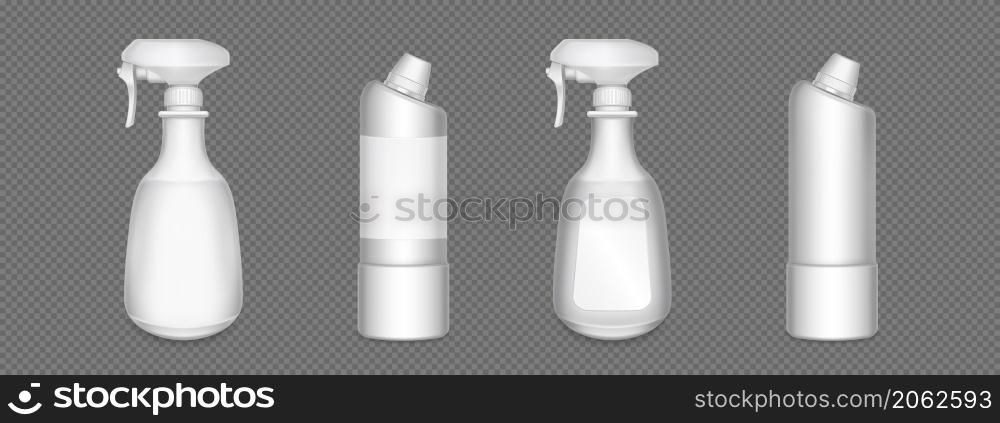 Household chemicals bottles, detergent, toilet or glass cleaner packaging 3d vector mockup. Realistic blank plastic packages, white tubes with liquid stain remover, antibacterial cleanser isolated set. Household chemicals bottles, detergent, cleanser