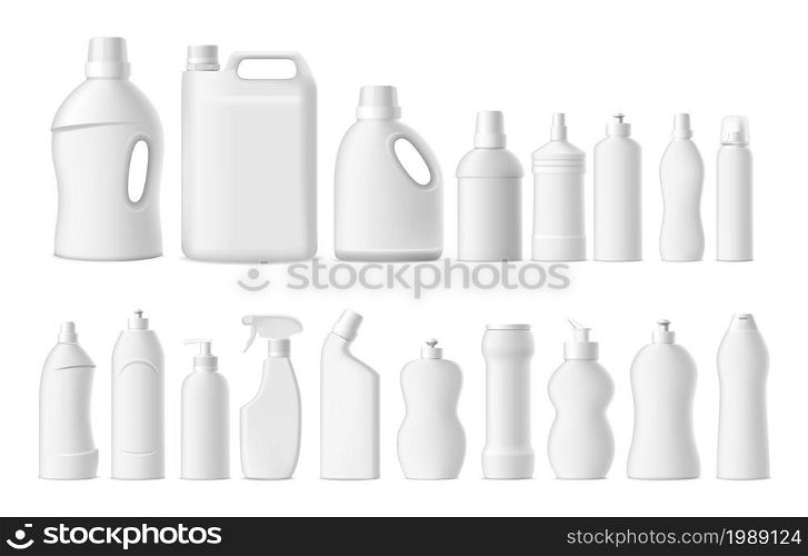 Household chemicals. Realistic cleaning and washing detergent white blank bottles mockup. Dishwasher and liquid soap containers template. Plastic tubes stain remover. Vector isolated cleansers set. Household chemicals. Realistic cleaning and washing detergent blank bottles mockup. Dishwasher and liquid soap containers template. Plastic tubes stain remover. Vector cleansers set