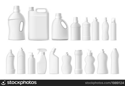 Household chemicals. Realistic cleaning and washing detergent white blank bottles mockup. Dishwasher and liquid soap containers template. Plastic tubes stain remover. Vector isolated cleansers set. Household chemicals. Realistic cleaning and washing detergent blank bottles mockup. Dishwasher and liquid soap containers template. Plastic tubes stain remover. Vector cleansers set