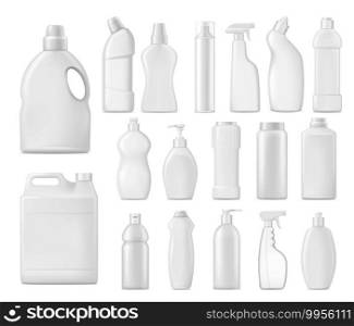Household chemicals vector bottles, detergent blank packages mockup. White plastic tubes with handle, pump, sprayer for liquid soap, stain remover, realistic laundry bleach or cleaner isolated 3d set. Household chemicals vector bottles, detergents set