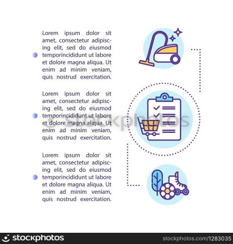 Household chores concept icon with text. Housekeeping tasks, purchases list. Daily planning. PPT page vector template. Brochure, magazine, booklet design element with linear illustrations
