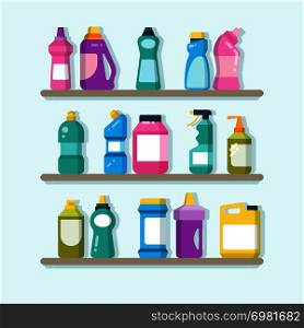 Household cleaner products and laundry goods on shelves. House cleaning service vector concept. Detergent cleaner and wash, housework with soap disinfectant illustration. Household cleaner products and laundry goods on shelves. House cleaning service vector concept