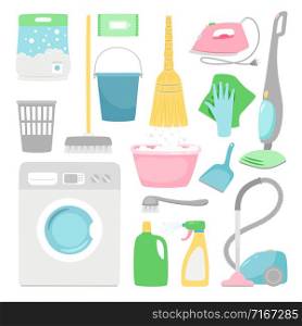 Household cleaning. House clean inventory isolated on white background, domestic washing supplies vector objects illustration. Household cleaning. House clean inventory isolated on white background, domestic washing supplies vector illustration