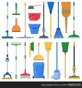 Household cleaning mops, broom, sweeps, scoops and plastic buckets. Cleaning swab, mop, broom, feather duster and dustpan vector Illustration set. House cleaning supplies equipment for household. Household cleaning mops, broom, sweeps, scoops and plastic buckets. Cleaning swab, mop, broom, feather duster and dustpan vector Illustration set. House cleaning supplies