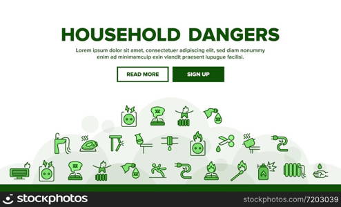 Household Dangers Landing Web Page Header Banner Template Vector. Short Circuit And Fire, Flood And Gas Leak, Balloon Explosion And Burning Match House Dangers Illustrations. Household Dangers Landing Header Vector