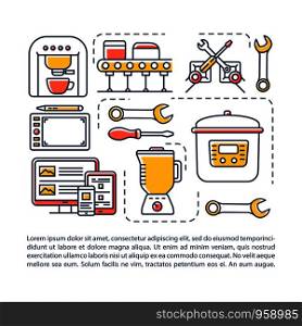 Household electronics industry article page vector template. Brochure, magazine, booklet design element with linear icons and text boxes. Print design. Concept illustrations with text space