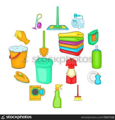 Household elements icons set in cartoon style. Cleaning tools set collection vector illustration. Household elements icons set, cartoon style