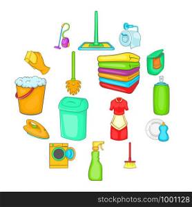 Household elements icons set in cartoon style. Cleaning tools set collection vector illustration. Household elements icons set, cartoon style