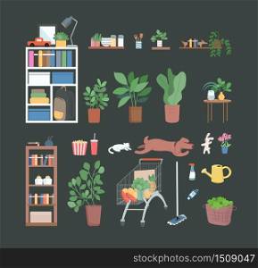 Household flat color vector objects set. Family pets, cat and dogs. Shelves with books and toys. Cleaning supplies for housekeeping. Furniture 2D isolated cartoon illustrations on green background