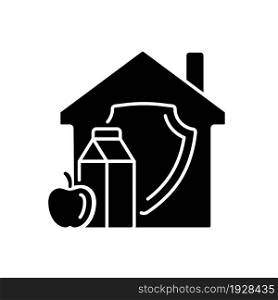 Household food security black glyph icon. Family food consumption. Home products supply and storage. Healthy and adequate nutrition. Silhouette symbol on white space. Vector isolated illustration. Household food security black glyph icon