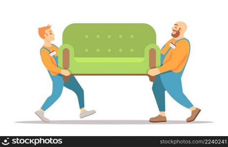 Household goods delivery semi flat RGB color vector illustration. Furniture movers holding green couch isolated cartoon characters on white background. Household goods delivery semi flat RGB color vector illustration