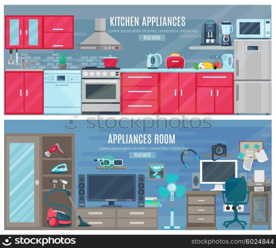 Household Horizontal Banners With Electronic And Digital Appliances. Household horizontal banners with electronic and digital appliances in kitchen and room interiors flat vector illustration