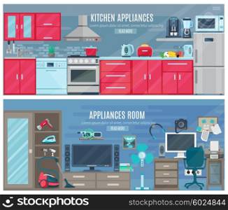 Household Horizontal Banners With Electronic And Digital Appliances. Household horizontal banners with electronic and digital appliances in kitchen and room interiors flat vector illustration