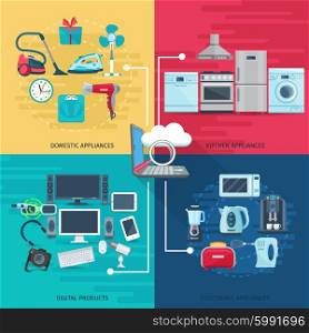 Household Icons Composition Square Concept . Household icons concept set of domestic appliances kitchen equipment and digital products square composition flat vector illustration