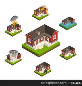 Household Insurance Isometric Set. House insurance isometric concept collection with similar isolated cottage images affected by different types of damage vector illustration