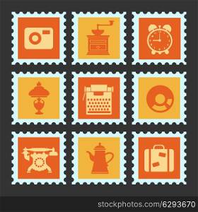 household items on postage stamps for design and creativity