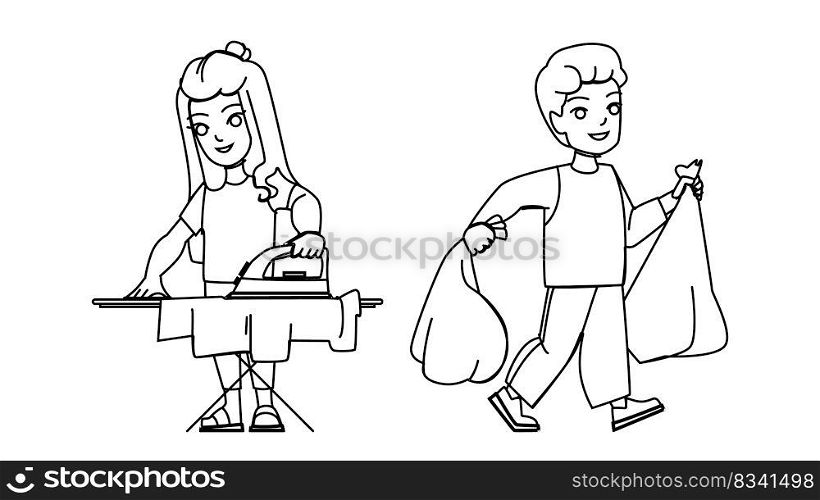 household kid line pencil drawing vector. home family, house child, children lifestyle, clean happy, housework room household kid character. people Illustration. household kid vector