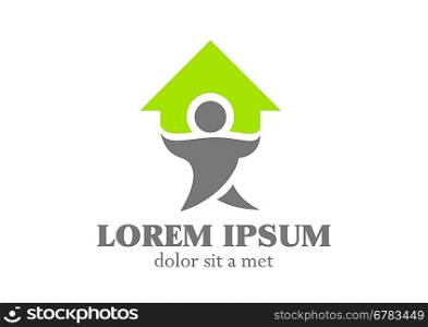 Household logo template. Man holding/charring a house. Vector icon. Editable.