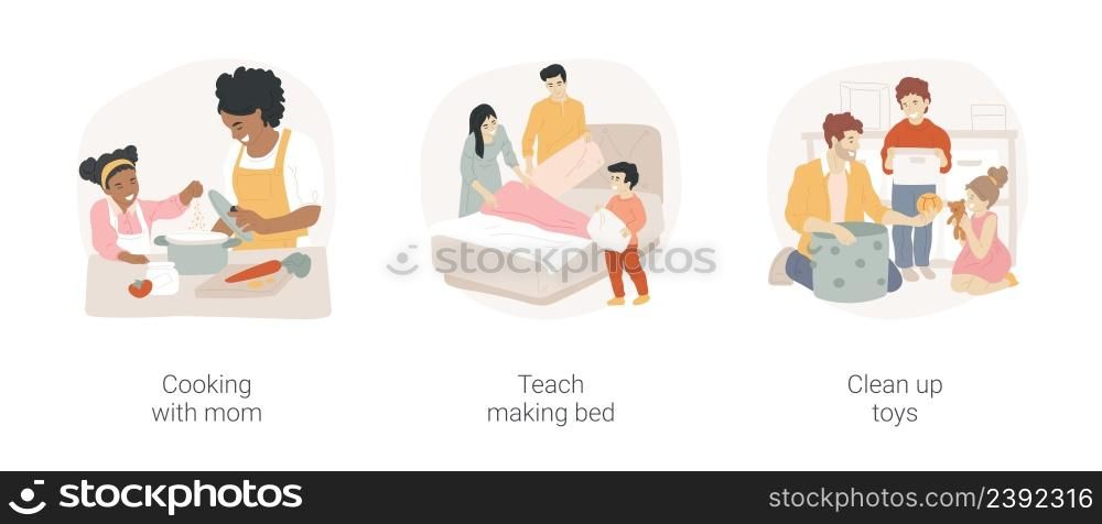 Household maintenance skills for kids isolated cartoon vector illustration set. Cooking with mom, teach making bed, clean up toys, homebased daycare, home education, kitchen help vector cartoon.. Household maintenance skills for kids isolated cartoon vector illustration set.