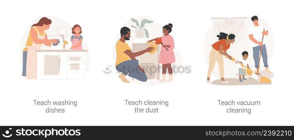 Household maintenance skills in home education isolated cartoon vector illustration set. Teach washing dishes, cleaning the dust, vacuum cleaning, parental childcare, house chores vector cartoon.. Household maintenance skills in home education isolated cartoon vector illustration set.