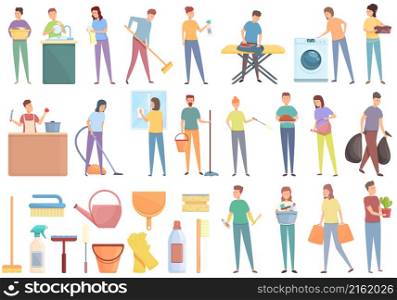 Household occupations icons set cartoon vector. Clean surface. Sanitary hygiene. Household occupations icons set cartoon vector. Clean surface