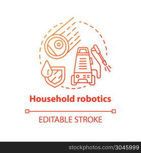 Household robotics red concept icon. Domestic robot idea thin line illustration. Modern futuristic technologies. Automated cleaning machines. Vector isolated outline drawing. Editable stroke