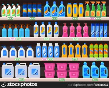 Household supplies, chemical detergent bottles on supermarket shelves. Detergents, cleaning powder, soap vector Illustration. Shelves with household chemicals. Supermarket detergent showcase. Household supplies, chemical detergent bottles on supermarket shelves. Detergents, cleaning powder, antibacterial soap vector Illustration. Shelves with household chemicals