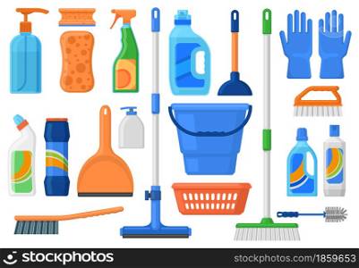Household supplies, cleaning tools and detergent bottles. Cleaning supplies, detergents, brush, bucket and mop vector Illustration set. House cleaning tools. Mop and detergent, brush and bucket. Household supplies, cleaning services tools and detergent bottles. Cleaning supplies, detergents, brush, bucket and mop vector Illustration set. House cleaning tools