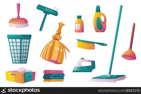 Household tools and chemicals cartoon set isolated on white. Vector illustration of mop, broomstick, plunger, brushes, laundry basket, detergent bottles, iron, linen stack. Home and office cleaning. Household tools and chemicals cartoon set on white