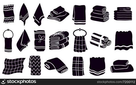 Household towel silhouettes. Black textile rolled and hanging towels. Fabric bathroom, kitchen towels vector illustration symbols set. Silhouette black bathroom towel, beach or kitchen. Household towel silhouettes. Black textile rolled and hanging towels. Fabric bathroom, kitchen towels vector illustration symbols set