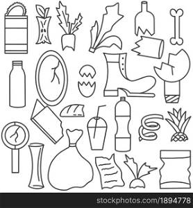 Household waste doodle collection vector illustration. Set of organic and inorganic household waste, hand drawing. Outline bottle, toys, jars and food leftovers.. Household waste doodle collection vector illustration.