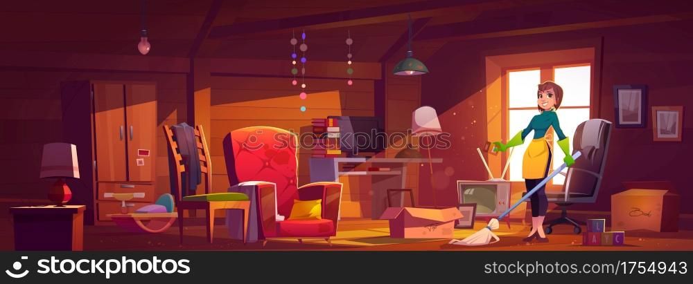 Household woman clean attic room, mother, housewife or cleaning service staff with broom wear rubber gloves and apron stand in messy interior with old furniture and toys, Cartoon vector illustration. Household woman clean attic room, mother housewife