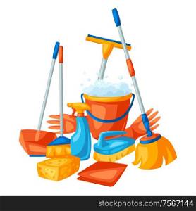Housekeeping background with cleaning items. Illustration for service, design and advertising.. Housekeeping background with cleaning items.