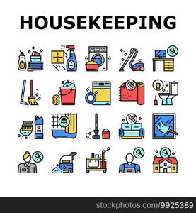 Housekeeping Cleaning Collection Icons Set Vector. Laundry, Window Sponge And Vacuum Cleaner. Washing Machine And Cleaning Service Worker Concept Linear Pictograms. Contour Color Illustrations. Housekeeping Cleaning Collection Icons Set Vector