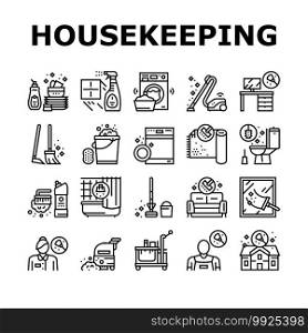 Housekeeping Cleaning Collection Icons Set Vector. Laundry, Window Sponge And Vacuum Cleaner. Washing Machine And Cleaning Service Worker Black Contour Illustrations. Housekeeping Cleaning Collection Icons Set Vector