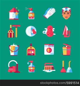 Housekeeping Cleaning Flat Icons Set . Housekeeper cleaning service worker accessories and equipment flat icons set on green background abstract isolated vector illustration