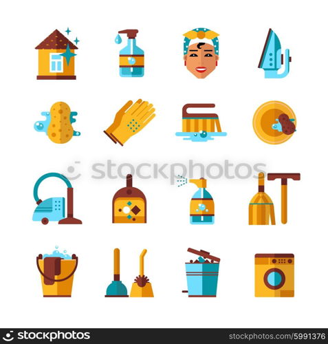 Housekeeping Cleaning Flat Icons Set. Housekeeping accessories and equipments cleaning washing ironing flat icons set on white background abstract isolated vector illustration
