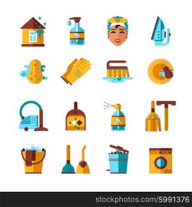 Housekeeping Cleaning Flat Icons Set. Housekeeping accessories and equipments cleaning washing ironing flat icons set on white background abstract isolated vector illustration