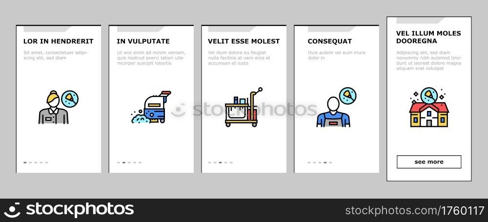 Housekeeping Cleaning Onboarding Mobile App Page Screen Vector. Laundry, Window Sponge And Vacuum Cleaner. Washing Machine And Cleaning Service Worker Illustrations. Housekeeping Cleaning Onboarding Icons Set Vector