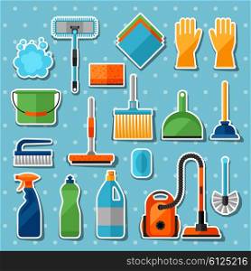 Housekeeping cleaning sticker icons set. Image can be used on banners, web sites, designs.