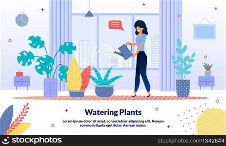 Housekeeping Company, Cleaning Service Trendy Vector Advertising Banner, Promo Poster Template. Happy Woman, Household Service Female Employee Watering Plants with Can in Room Flowerpots Illustration