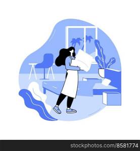 Housekeeping isolated cartoon vector illustrations. Housekeeper in uniform making bed in hotel room, hospitality business, professional people, cleaning service, chambermaid job vector cartoon.. Housekeeping isolated cartoon vector illustrations.