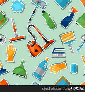 Housekeeping lifestyle seamless pattern with cleaning sticker icons. Background for backdrop to site, textile printing and wrapping paper.