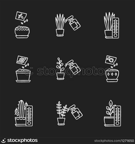 Houseplant care chalk white icons set on black background. Indoor gardening. Spraying, misting plants. Planting seeds. Providing air temperature conditions. Isolated vector chalkboard illustrations