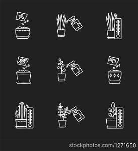 Houseplant care chalk white icons set on black background. Indoor gardening. Spraying, misting plants. Planting seeds. Providing air temperature conditions. Isolated vector chalkboard illustrations