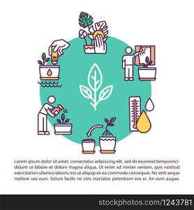 Houseplant care concept icon with text. Repotting, spraying. Washing, measuring soil acidity. PPT page vector template. Brochure, magazine, booklet design element with linear illustrations